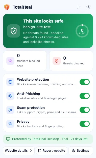 TotalHeal browser extension popup: this site looks safe