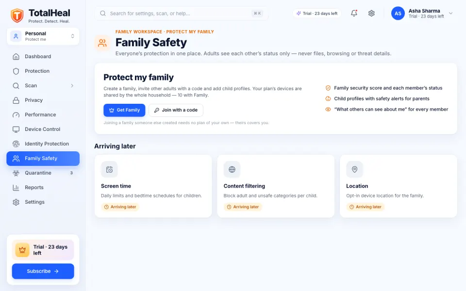 TotalHeal Family Safety screen showing shared device seats and their protection status