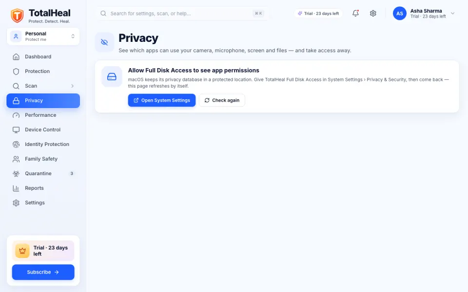 TotalHeal Privacy screen listing apps with camera, microphone, screen and file access